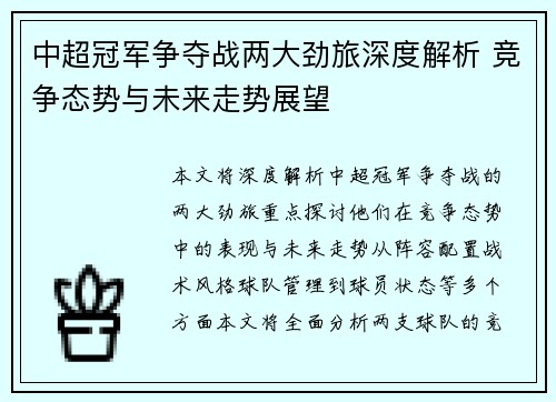中超冠军争夺战两大劲旅深度解析 竞争态势与未来走势展望