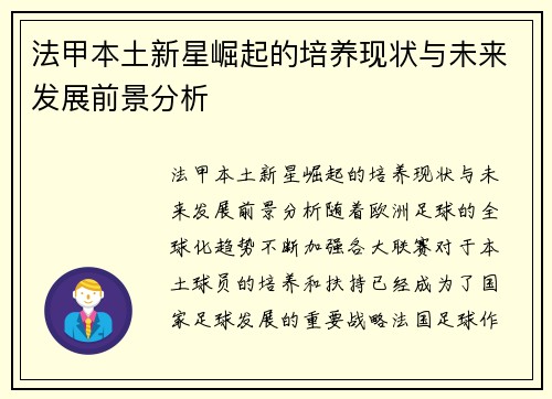 法甲本土新星崛起的培养现状与未来发展前景分析